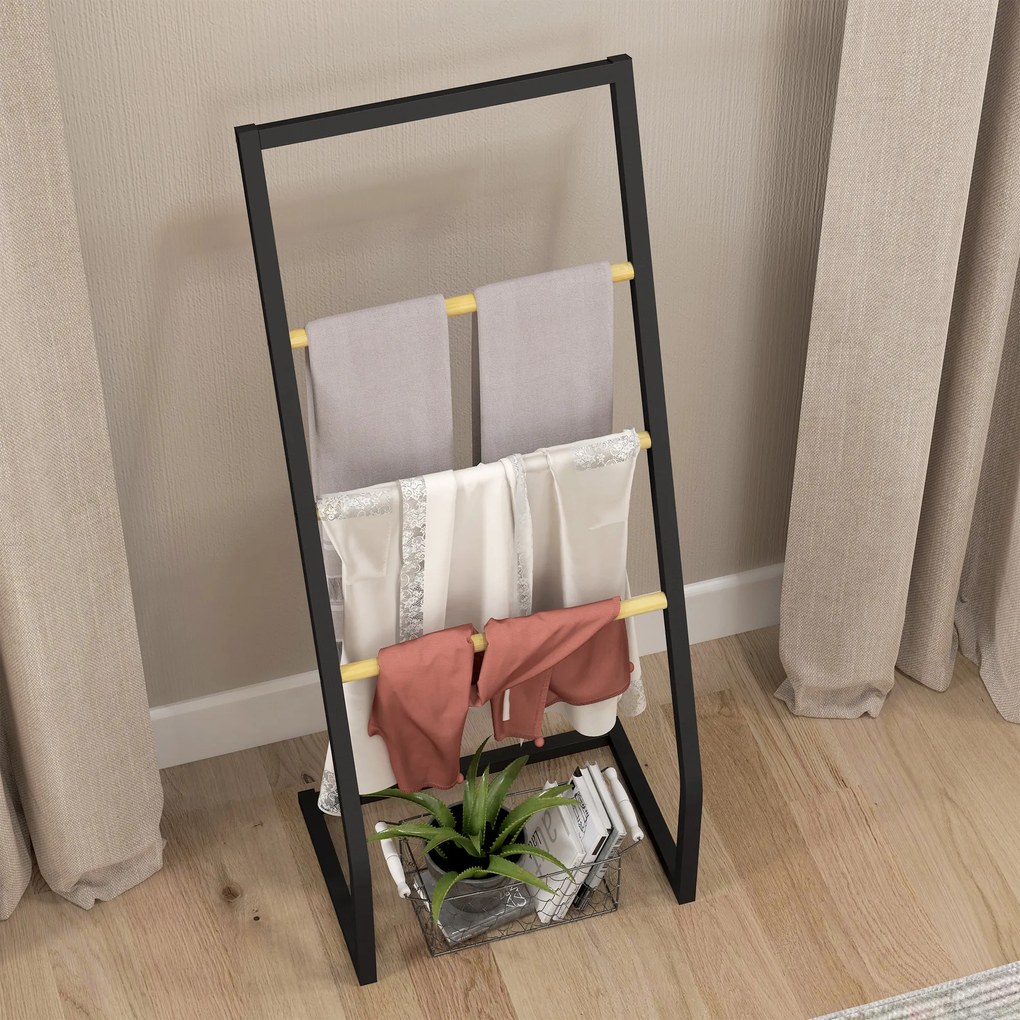 HOMCOM Raft Baie cu 4 Niveluri din Bambus, Suport Prosoape de Dodea Autoportant, 40,5x28x98 cm, Negru | Aosom Romania
