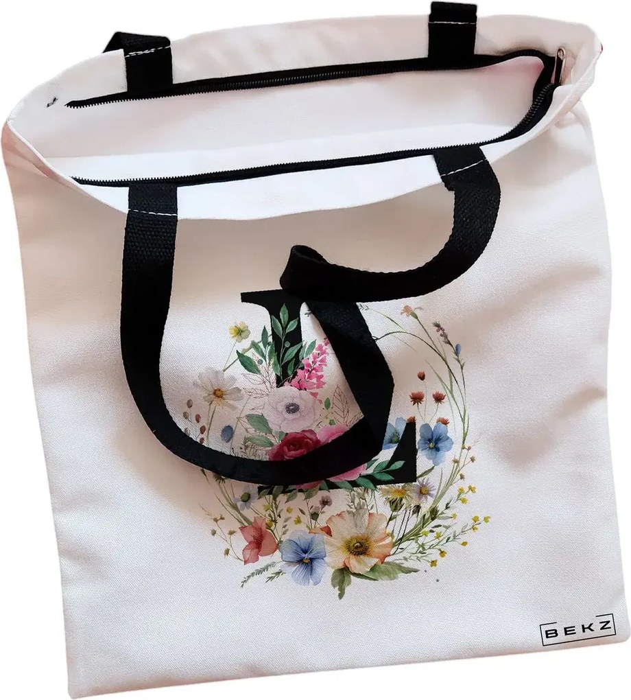 Sacosa de Panza pentru Cumparaturi, Geanta Tote, Cu litera L in Coronita Florala, Cu fermoar, 38x34.5 cm, Alba, BEKZ®