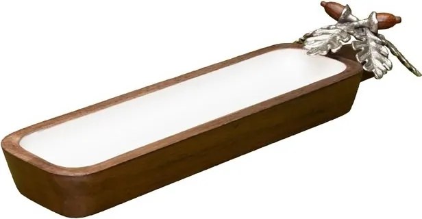 Platou decorativ din lemn de mango decorat cu ghinde și frunze de stejar din aluminiu auriu și argintiu, formă dreptunghiulară, 2 × 38 × 10 cm,