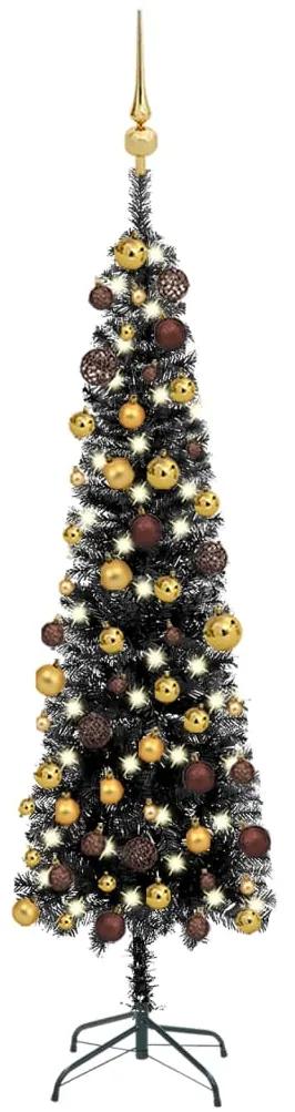 Set pom de Craciun subtire cu LED-uri si globuri, negru, 180 cm 1, Negru si auriu, 180 cm