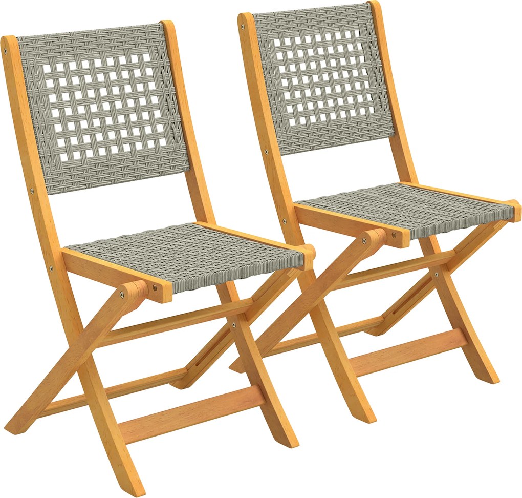 Outsunny Set de 2 Scaune de Grădină din Ratan PE, Scaune Pliabile de Exterior, Structură din Lemn de Salcâm, pentru Balcon, Terasă, Suport până la 160 kg, Gri | Aosom Romania