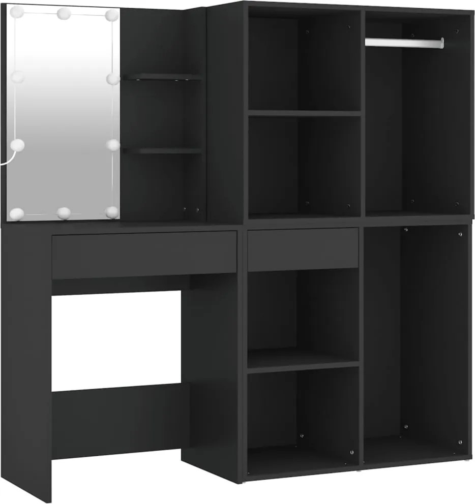 vidaXL Masă de toaletă cu LED și dulapuri, negru, lemn prelucrat