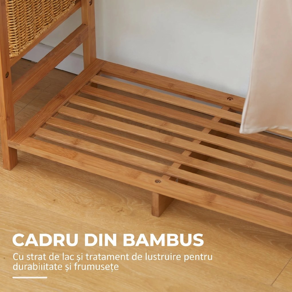HOMCOM Suport pentru Haine din Bambus cu Rafturi pe 6 Niveluri și Bară pentru Haine, Stender pentru Dormitor și Hol, Design Modern, 90x30x145 cm, Lemn Natural | Aosom Romania