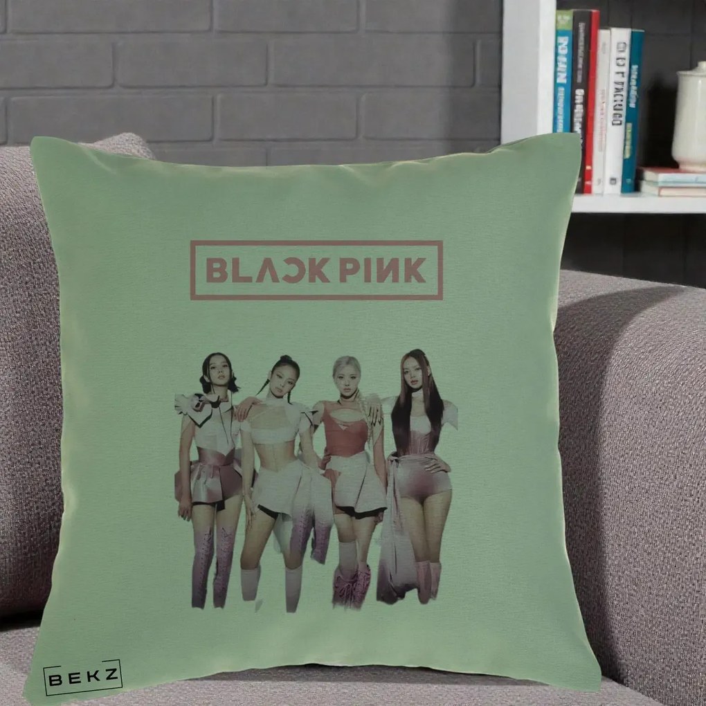 Perna Personalizata K-pop BLACKPINK Fotografie Grup Tinute Roz, 40x40 cm, Verde, Husa Detasabila, Perna Inclusa, BEKZ®