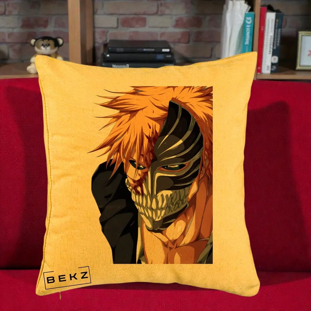 Perna Personalizata Bleach Ichigo Masca Hollow, 40x40 cm, Galben, Husa Detasabila, Perna Inclusa, BEKZ®