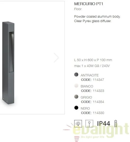 Stalp exterior H-60cm, IP44, MERCURIO PT1 ANTRACITE 114347