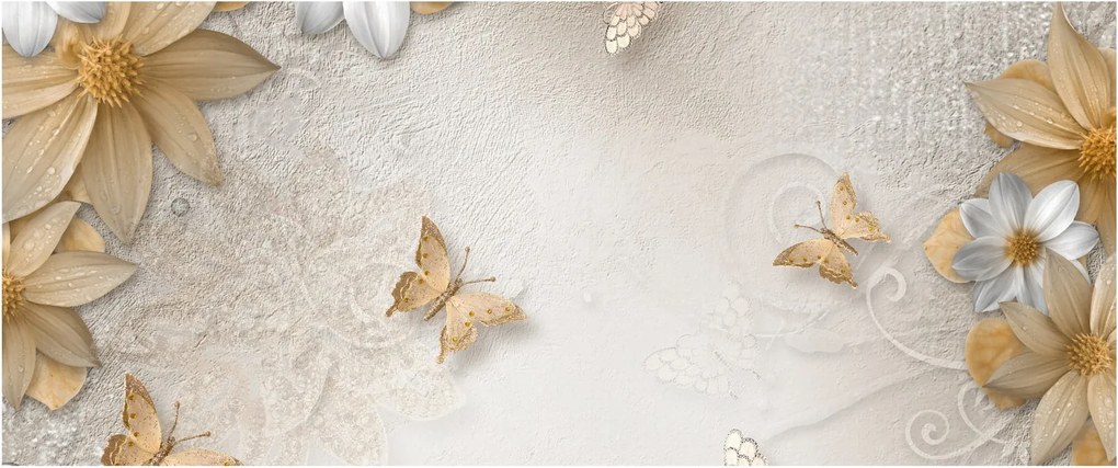 Tablou - Flori cu fluturi (120x50 cm)