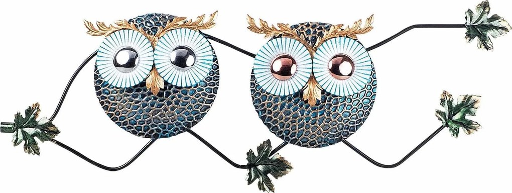 Decoratiune perete OWL 3, abastru/auriu, metal, 77x28 cm