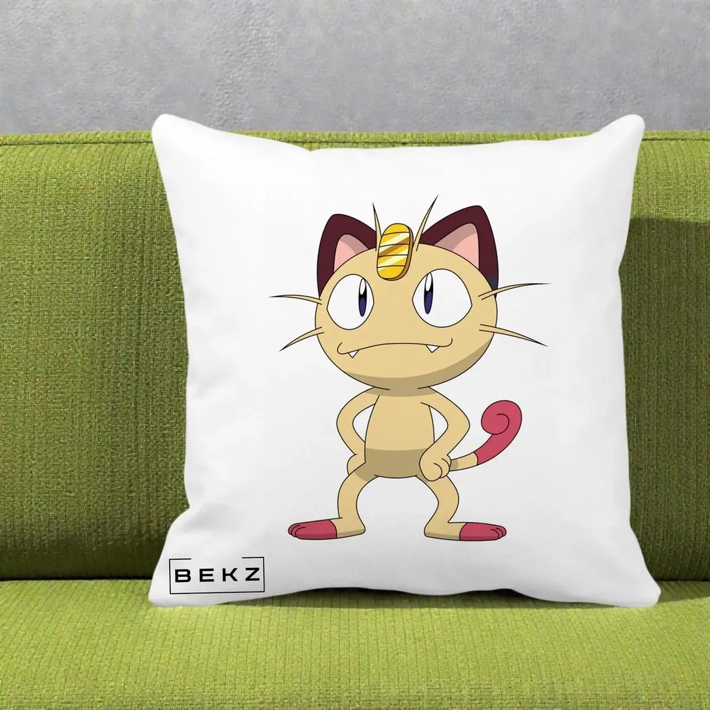 Perna Personalizata Meowth Pokemon, 40x40 cm, Alba Mata, Husa Detasabila, Perna Inclusa, BEKZ®