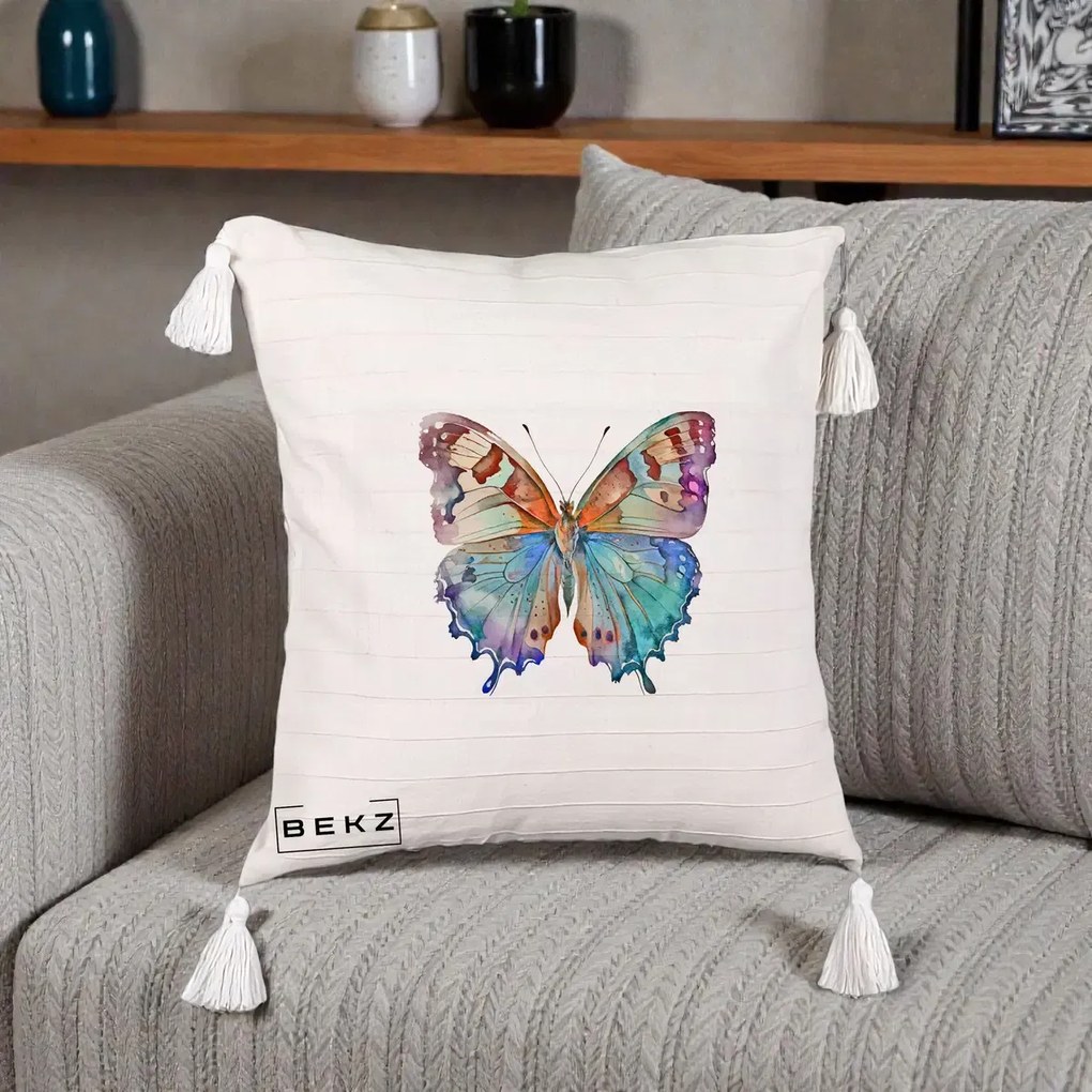 Perna decorativa Fluture Acuarela Multicolor Portocaliu-Bleu-Mov, 45x45 cm cu Umplutura, Bej cu Franjuri, BEKZ
