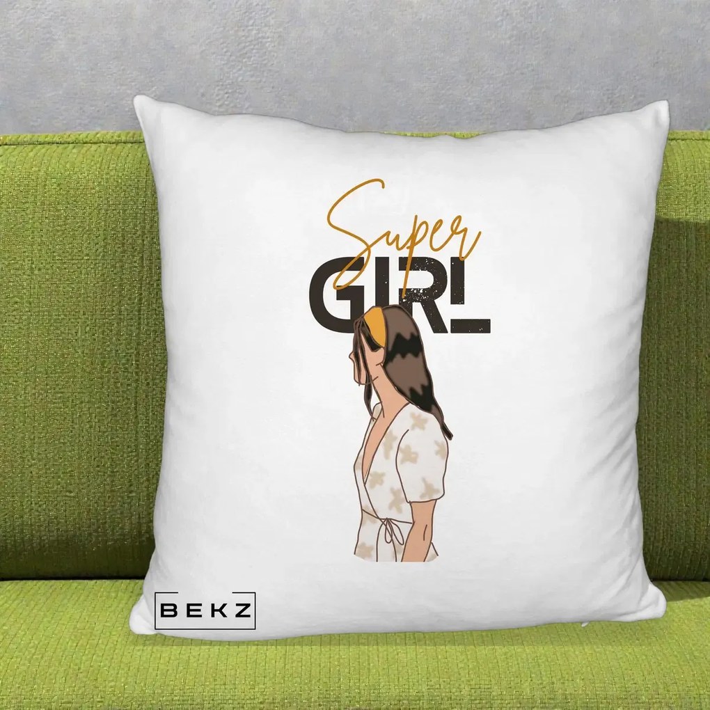 Perna Decorativa Super Girl Aesthetic, 40x40 cm, Alb Pufos, Husa Detasabila, Perna Inclusa, BEKZ®