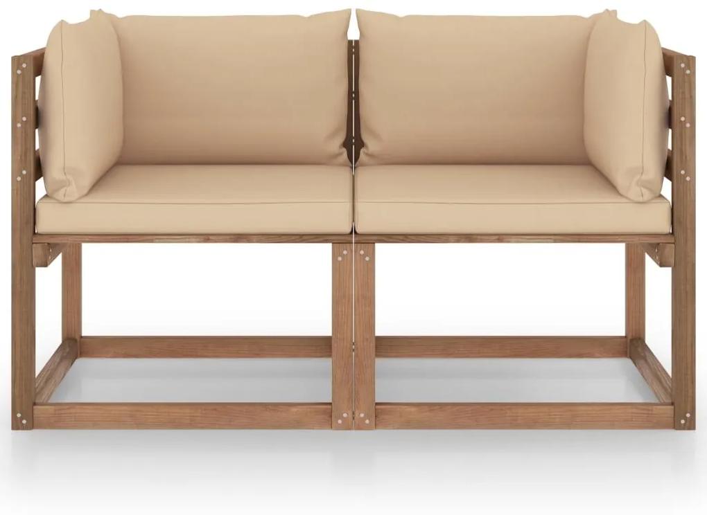 Canapea din paleti de gradina, 2 locuri, perne bej, lemn de pin