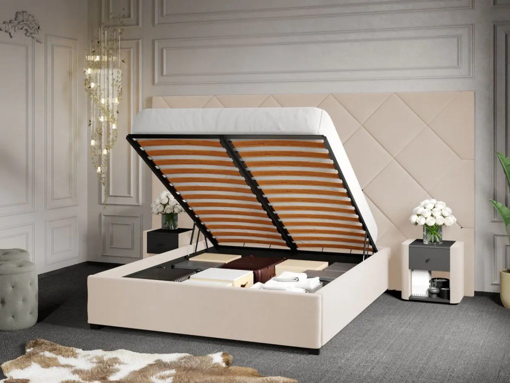 Pat Tapitat cu Panou 305x171 C4 Dubai pentru saltea de 190 rabatabil cu lada Crem - Velluto 2 140x190
