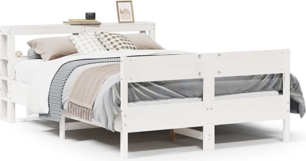 vidaXL Cadru de pat fără saltea, alb, 135x190 cm, lemn masiv de pin