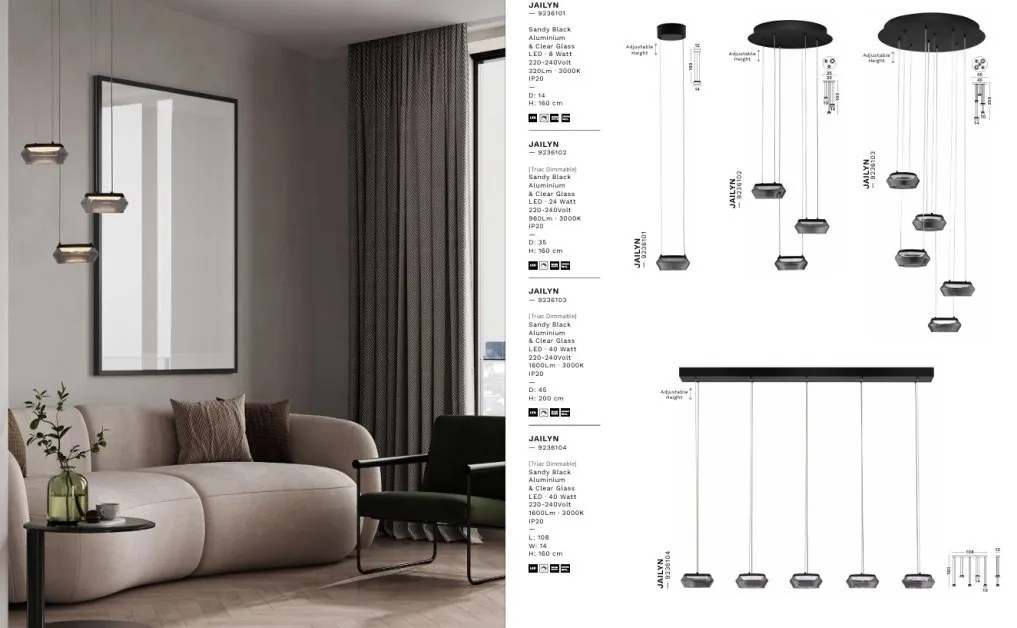 Lustra cu 3 pendule LED, Metal, Negru, Sticla, JAILYN