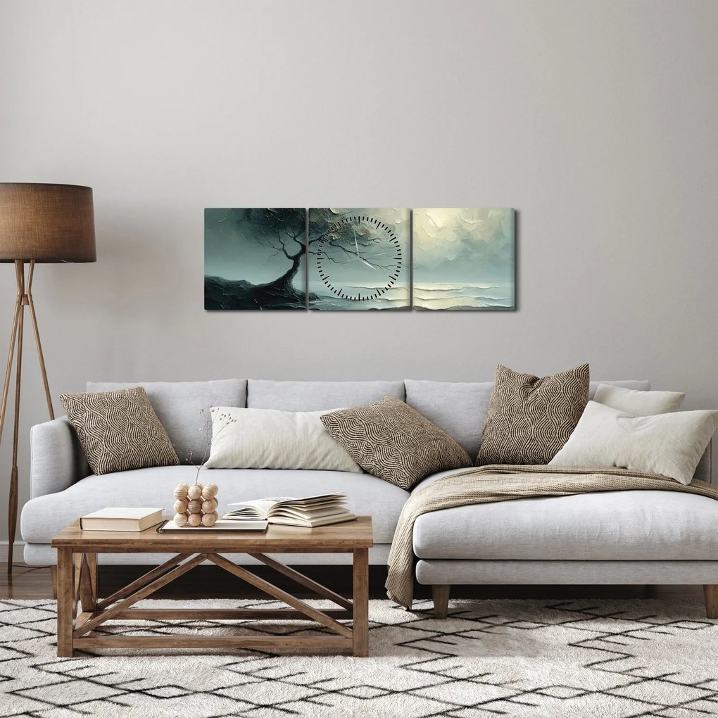 Tablou - pictură în ulei de un copac cu oceanul (cu ceas) (90x30 cm)