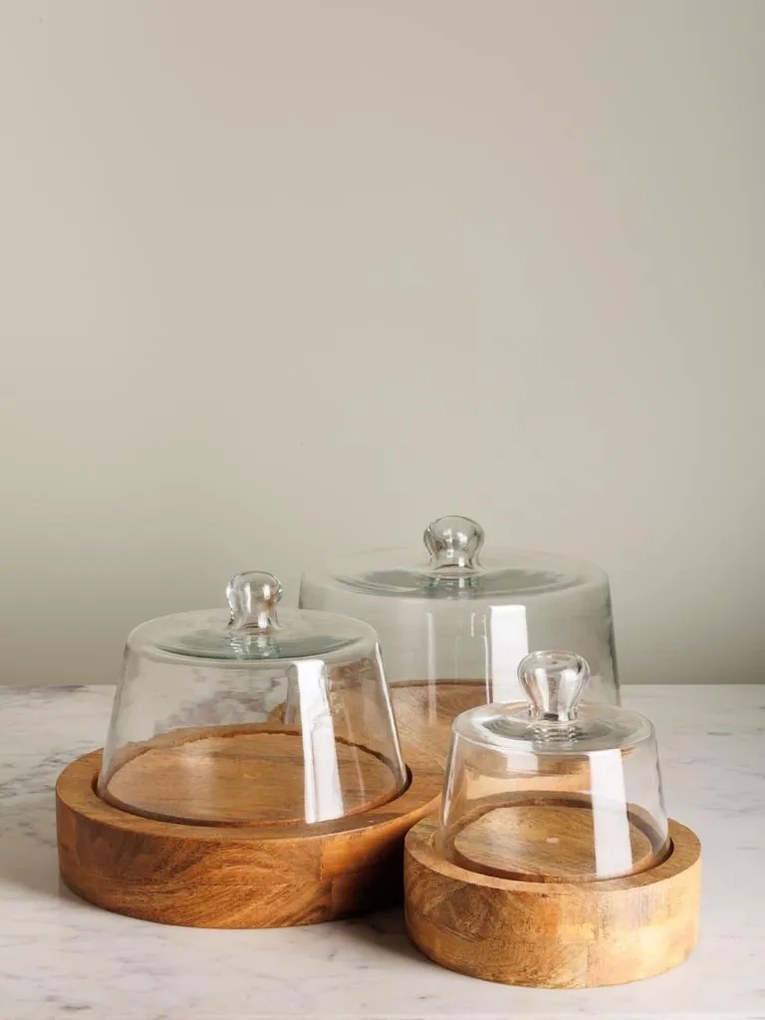 Set 3 tavi rotunde din lemn, cu capac din sticla, Stackable