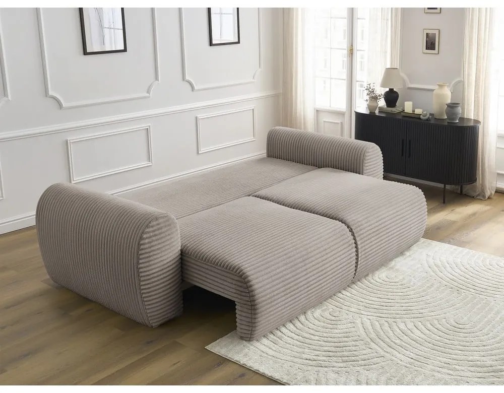 Canapea gri deschis/bej extensibilă cu tapițerie din catifea reiată 257 cm Lucien – Bobochic Paris