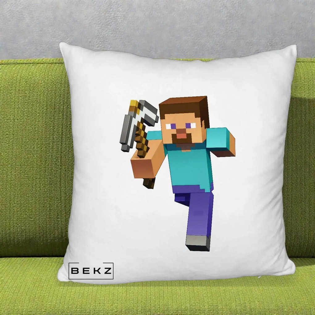 Perna Personalizata Minecraft Steve, 40x40 cm, Alb Pufos, Husa Detasabila, Perna Inclusa, BEKZ®