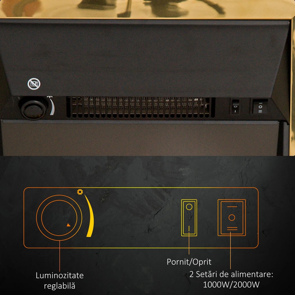 Șemineu Electric Încorporabil sau de Podea 1000-2000W, din Plastic și Metal, Auriu, 48x19x59cm HOMCOM | Aosom RO