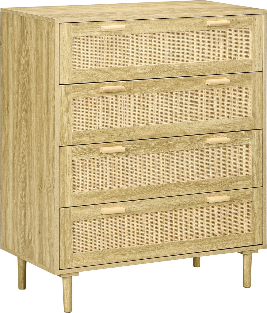 HOMCOM Comodă cu 4 Sertare în Stil Boho, Comodă din Lemn și Ratan pentru Dormitor și Hol, 90x45x108,5 cm, Stejar | Aosom Romania