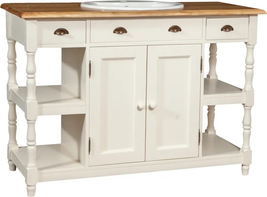 Mobilier de baie din lemn masiv, lavoar ceramica , alb antichizat  natur, L128x54xH92 cm