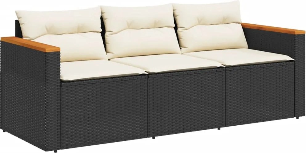 vidaXL Canapea de grădină cu perne, 3 locuri, negru, poliratan