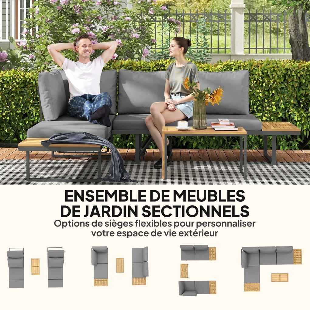 Outsunny Set modular de mobilier de grădină din lemn de acacia 6 locuri, colțar cu masă, gri | Aosom Romania