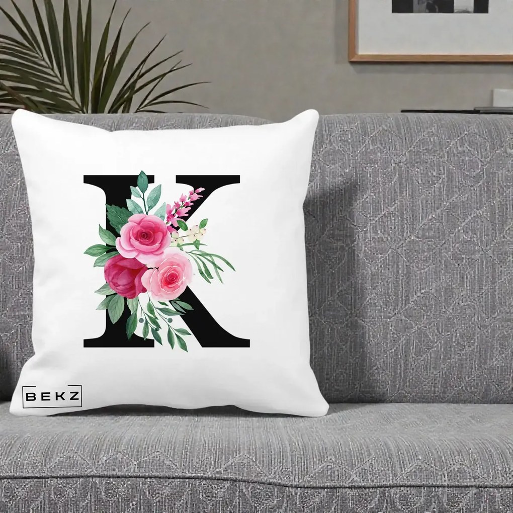 Cadou Personalizat - Perna Personalizata Monograma Florala Litera K, 40x40 cm, Alba Mata, Husa Detasabila, Perna Inclusa, BEKZ®