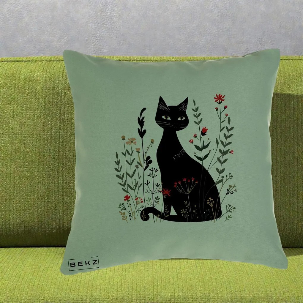 Perna Decorativa Pisica Neagra Botanica Rosu-Gri, 40x40 cm, Verde, Husa Detasabila, Perna Inclusa, BEKZ®
