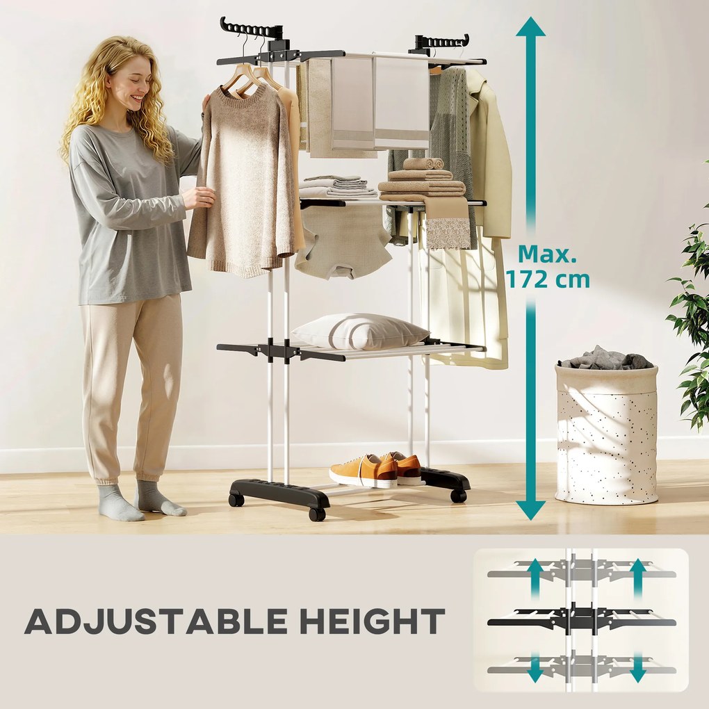 HOMCOM Uscător de Rufe Tip Turn cu 4 Niveluri, Suport pentru Uscat Rufe cu Aripi Laterale Pivotante și 4 Roți, 73x64x177 cm, Negru