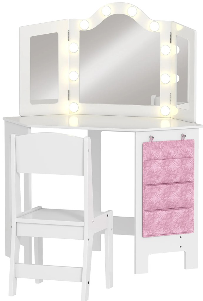 AIYAPLAY Masă de toaletă pentru copii 2 în 1 cu scaun oglindă triptică și lumini LED bicolore 93,6 x 48,5 x 111,5 cm alb | Aosom Romania