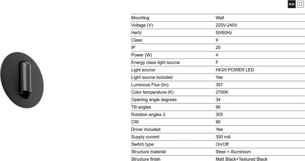 Aplica cu reader LED directionabil stil minimalist TIMIT negru