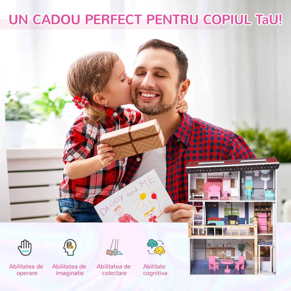 Casa din Lemn pentru Papusi cu 3 Etaje cu Ascensor, cu Scari si 13 Accesorii pentru Copii de 3-6 Ani, 60x30x80cm, Roz HOMCOM | Aosom RO