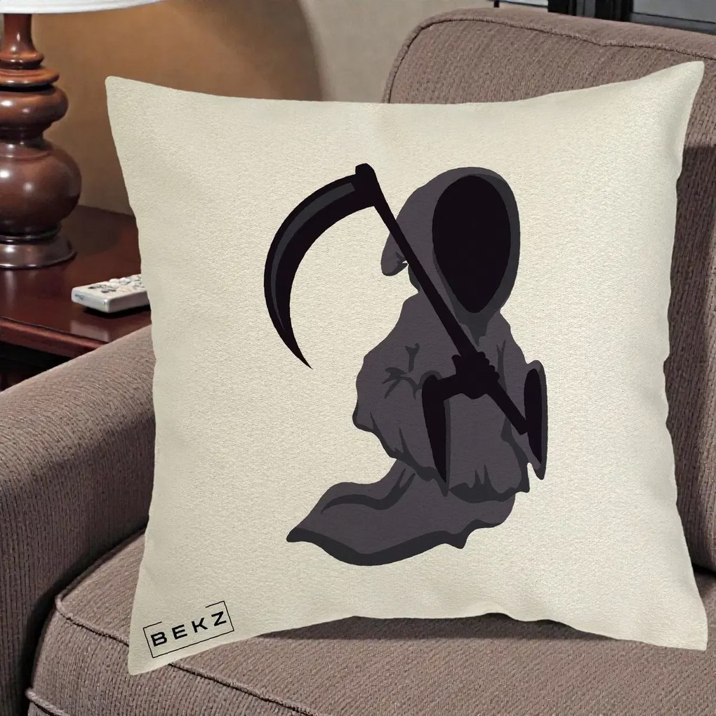Perna Decorativa Moartea cu Coasa Grim Reaper Halloween, 40x40 cm, Ecru, Husa Detasabila, Perna Inclusa, BEKZ®