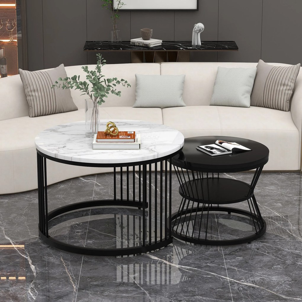 Set 2 Mese de Cafea Moderne cu Îmbinare, Negru+Alb | Aosom Romania