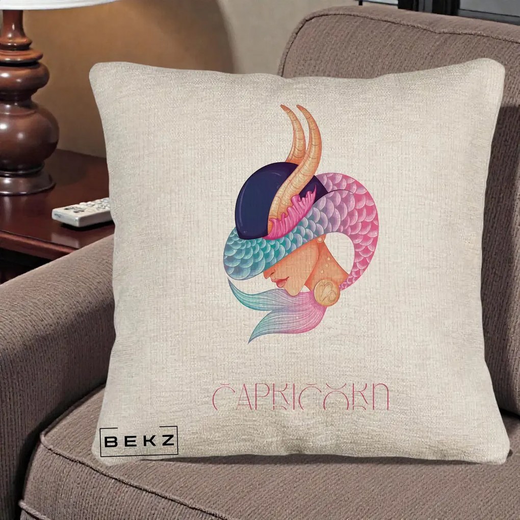 Perna Personalizata Zodiac Capricorn Cowgirl, 40x40 cm, Bej Canapea, Husa Detasabila, Perna Inclusa, BEKZ®