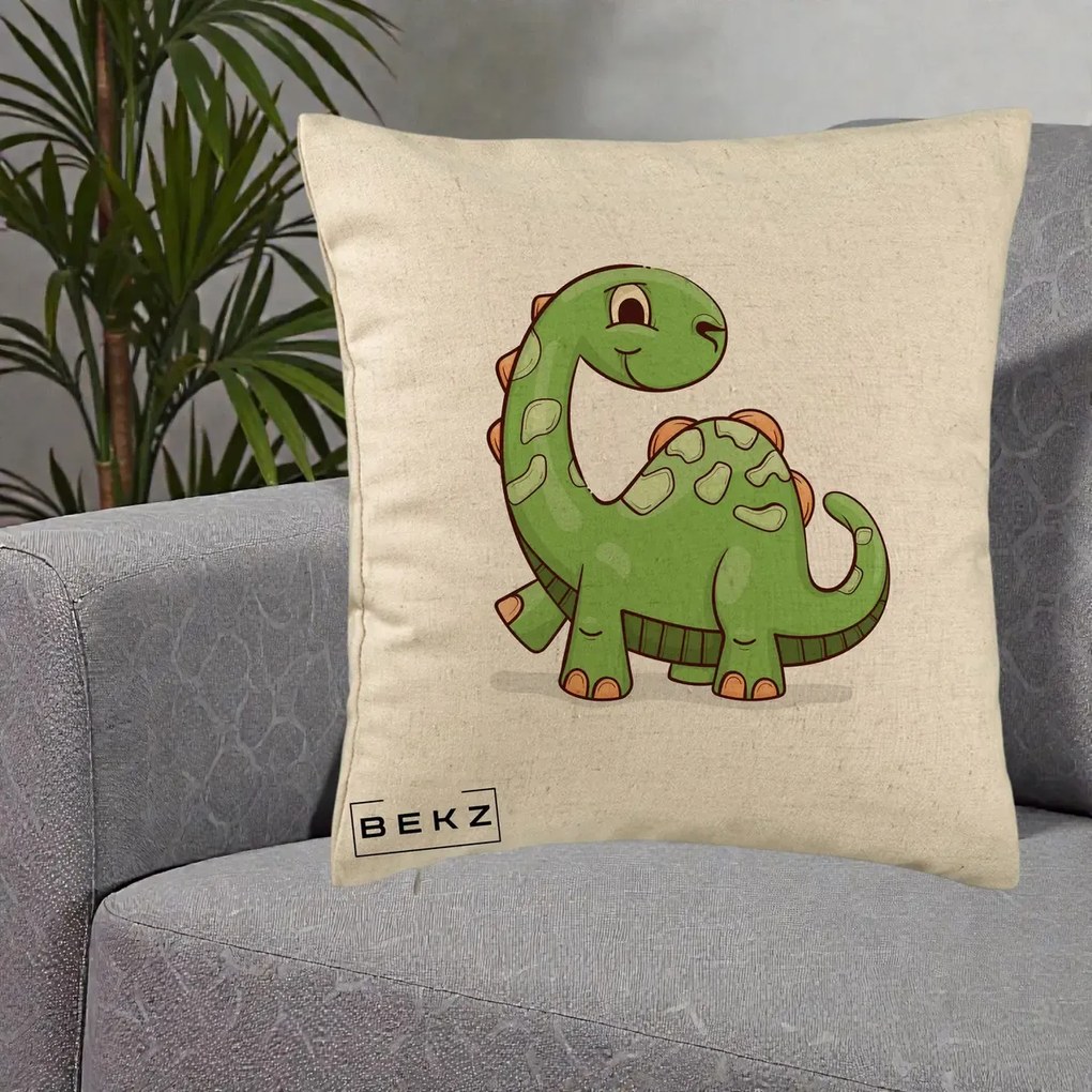 Perna Decorativa Brontosaur Verde Simpatic, 40x40 cm, Bej, Husa Detasabila, Perna Inclusa, BEKZ®