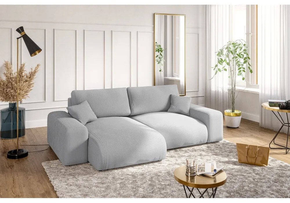 Colțar gri deschis cu tapițerie din catifea reiată (cu colț variabil) Justin – Ropez