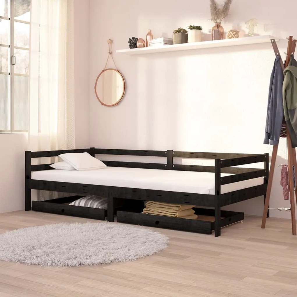 3083678 vidaXL Pat de zi cu sertare, negru, 90x200 cm, lemn masiv de pin