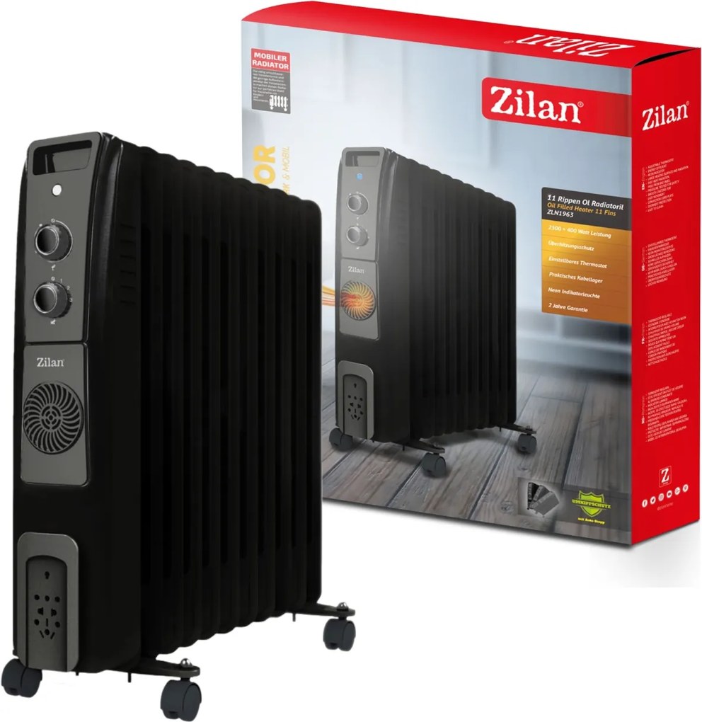 Calorifer electric cu ulei ZILAN ZLN1963 Negru, termostat reglabil, 2500W, 11 elementi