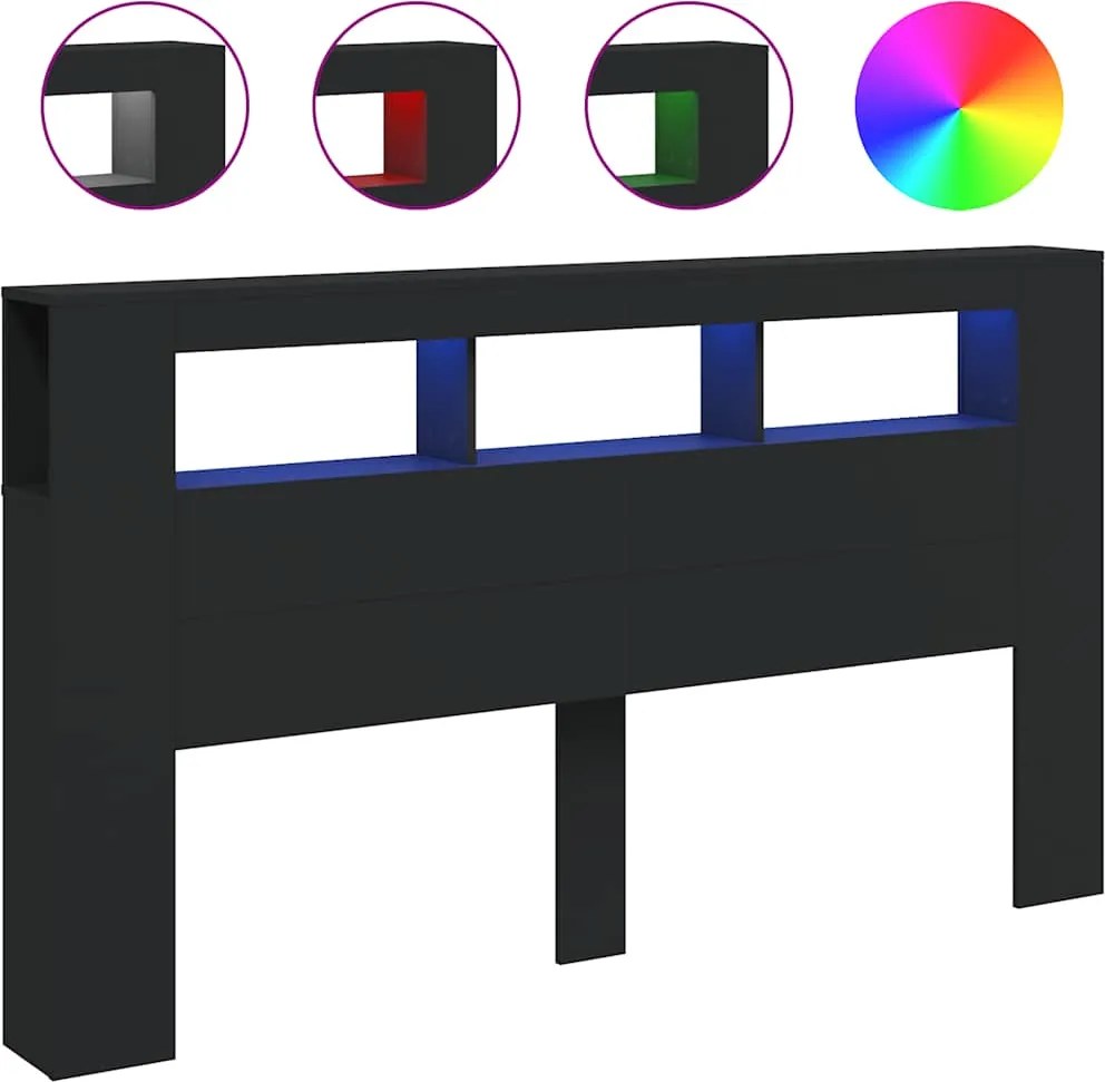 vidaXL Tăblie de pat cu LED, negru, 180x18,5x103,5 cm, lemn