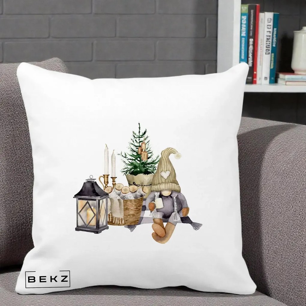 Perna Decorativa Gnom Scandinav cu Felinar, 40x40 cm, Alba Mata, Husa Detasabila, Perna Inclusa, BEKZ®