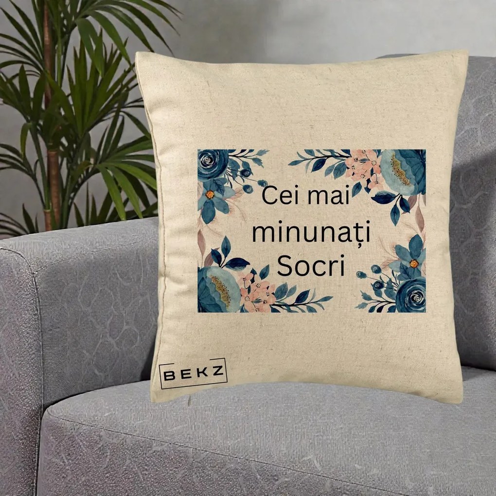Cadou pentru Socri - Perna Personalizata Cei mai Minunati Socri cu Flori Albastre si Roz, 40x40 cm, Bej, Husa Detasabila, Perna Inclusa, BEKZ®