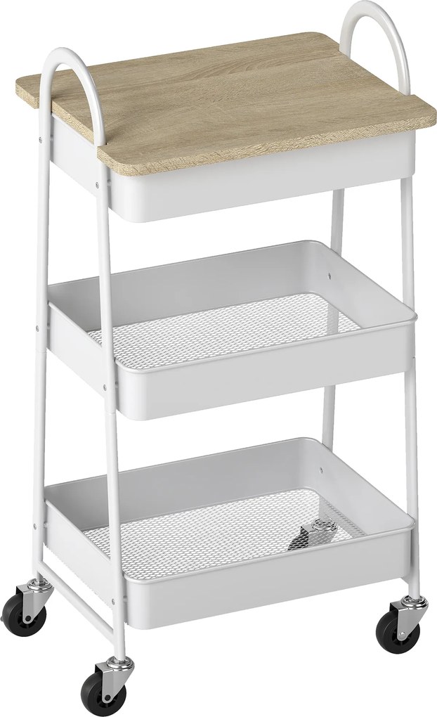 HOMCOM Cărucior pentru bucătărie, cărucior de servire cu 3 nivele, blat superior, coșuri, mânere, 45 x 32 x 77,5 cm stejar | Aosom Romania