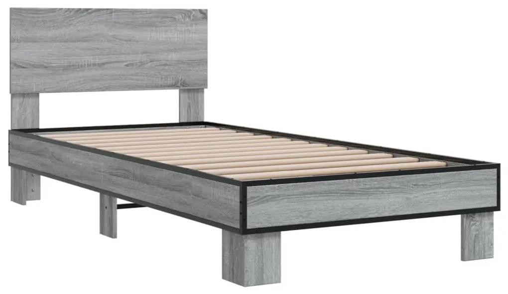 845810 vidaXL Cadru de pat, gri sonoma, 90x200 cm, lemn prelucrat și metal