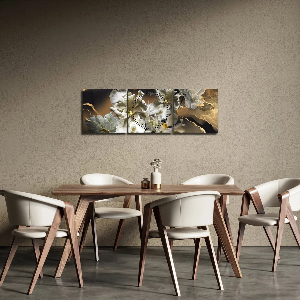 Tablou - Flori de orhidee pe fundal de marmură (cu ceas) (90x30 cm)