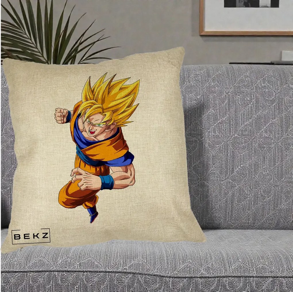 Perna Personalizata Dragon Ball Goku Super Saiyan 2 Lupta, 40x40 cm, Crem, Husa Detasabila, Perna Inclusa, BEKZ®
