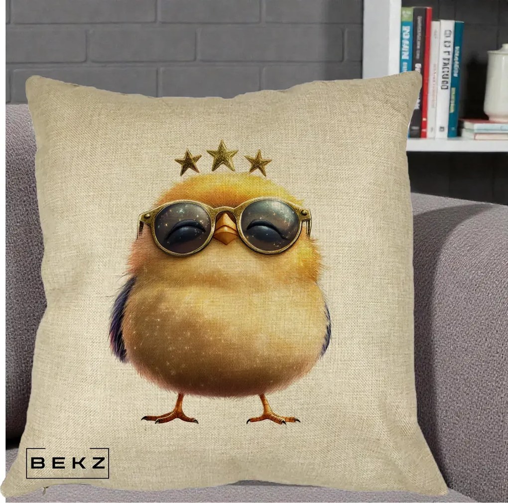 Perna Decorativa Pui Gold Star cu Ochelari Aurii, 40x40 cm, Crem, Husa Detasabila, Perna Inclusa, BEKZ®