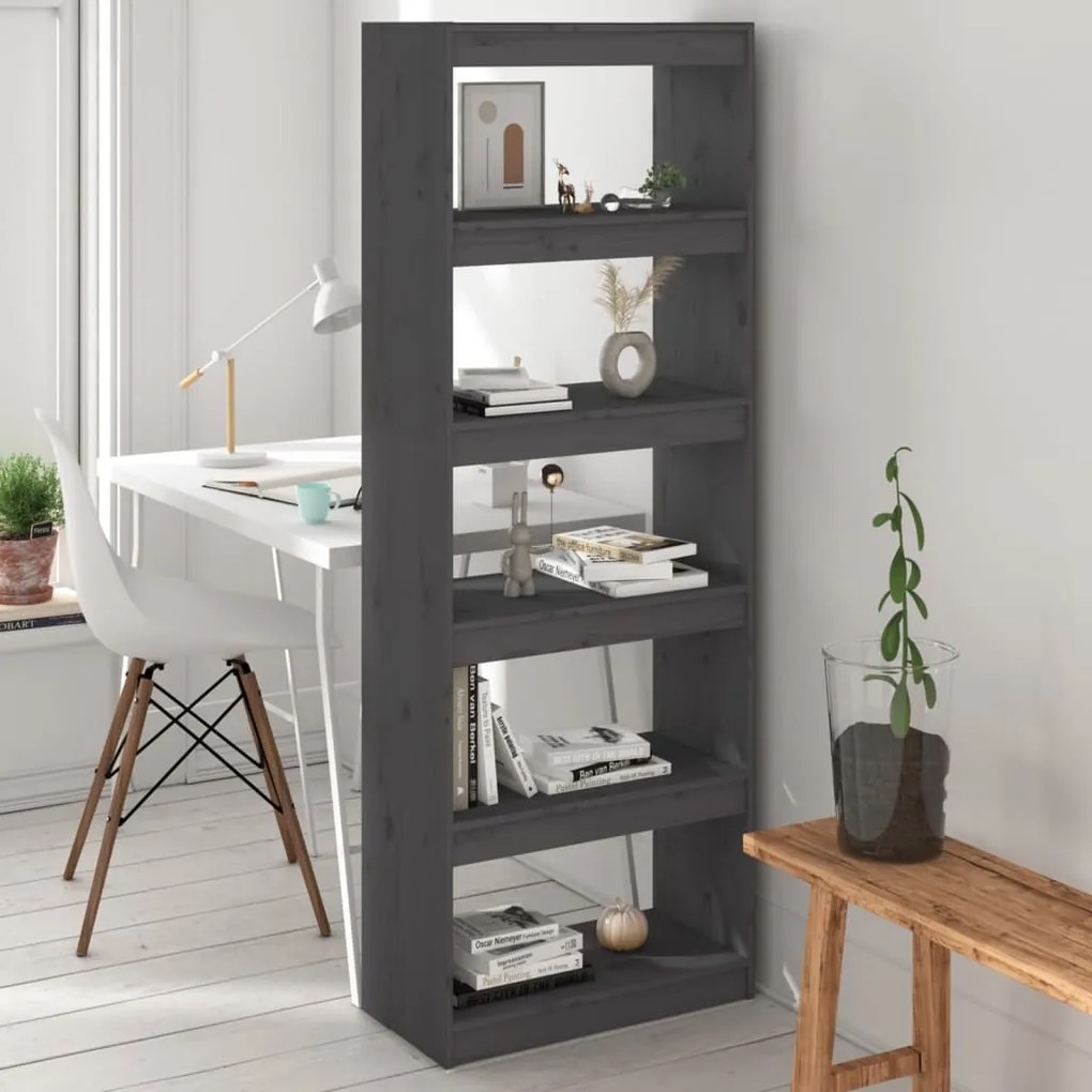 808175 vidaXL Bibliotecă/Separator cameră, gri, 60x30x167,5 cm lemn masiv pin
